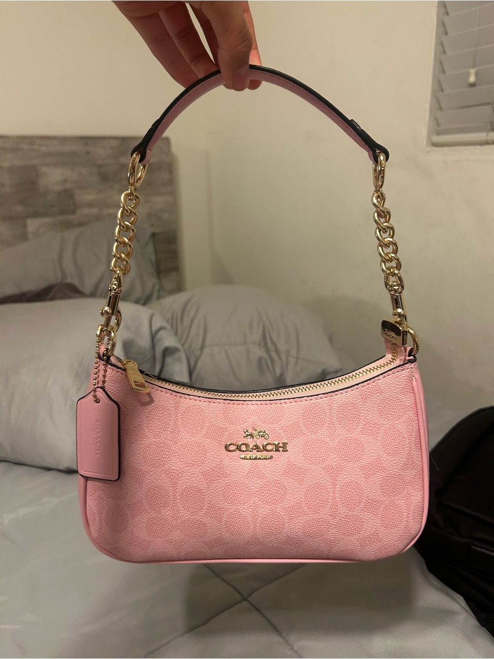 Coach Pink Signature Canvas Shoulder Bag with Gold Chain
